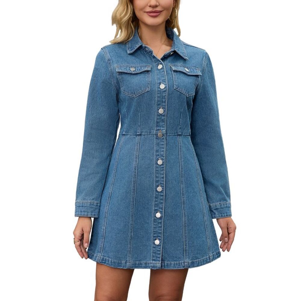 Women's Denim Mini Dress Button Down Collared Long Sleeve Jean Dress Blue